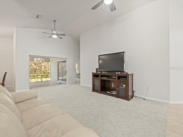 living room featuring light carpet, high vaulted ceiling, and ceiling fan