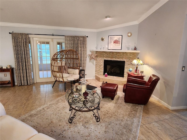 tiled living room featuring a tiled fireplace and crown molding