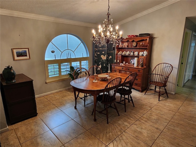 dining area featuring a textured ceiling, an inviting chandelier, crown molding, and light tile patterned flooring