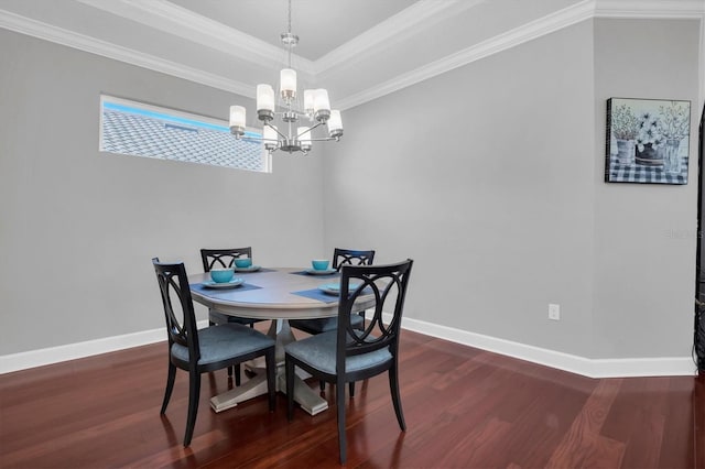 dining area featuring a raised ceiling, crown molding, dark hardwood / wood-style floors, and a notable chandelier