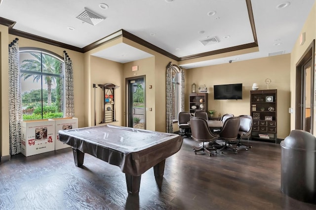 rec room with crown molding, pool table, and dark hardwood / wood-style floors