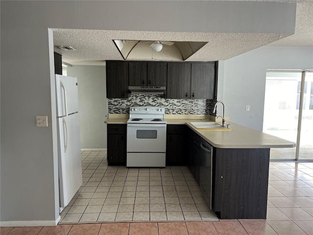 kitchen featuring kitchen peninsula, white appliances, sink, and light tile patterned floors