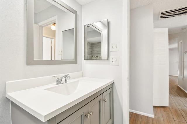 bathroom with vanity and wood-type flooring