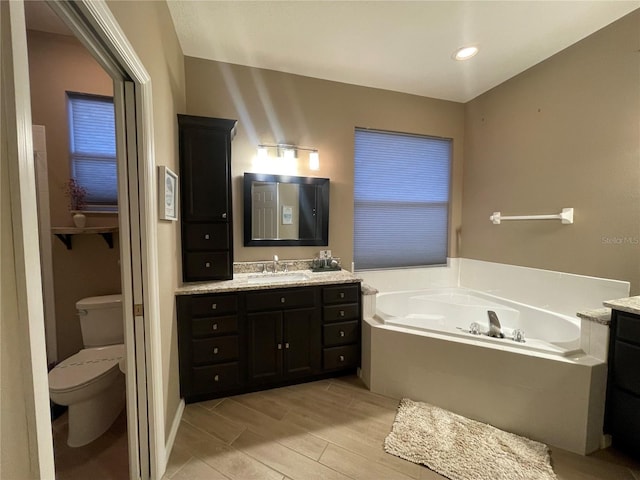 bathroom with a bathtub, toilet, and vanity