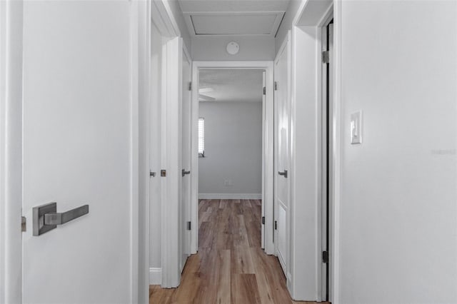 hallway with light hardwood / wood-style flooring and a textured ceiling