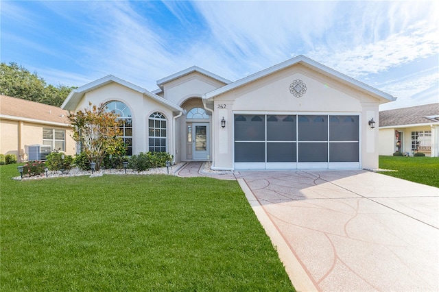 ranch-style house with central air condition unit, a front yard, and a garage