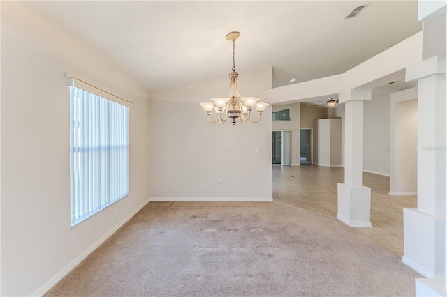 spare room with light carpet, ceiling fan with notable chandelier, and lofted ceiling