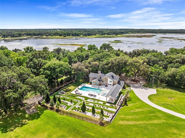 drone / aerial view with a water view