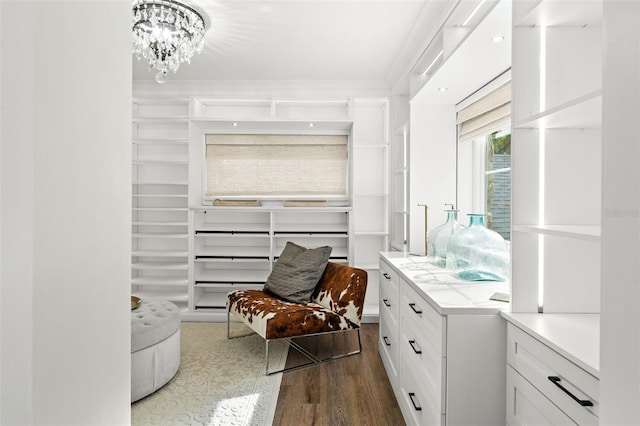 spacious closet featuring dark hardwood / wood-style flooring and a chandelier