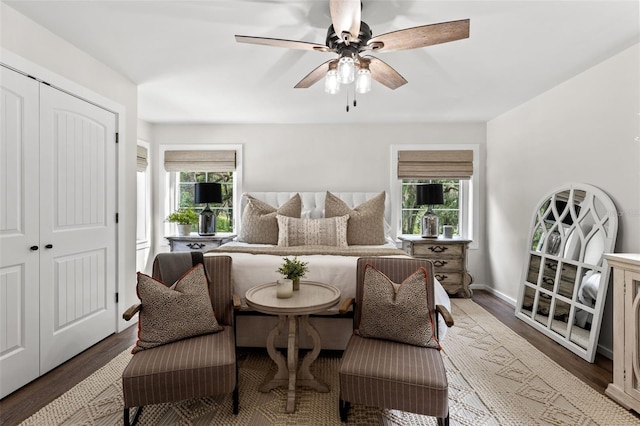 bedroom featuring dark hardwood / wood-style flooring, ceiling fan, and a closet