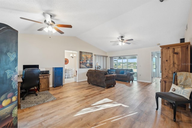 living room featuring light wood-type flooring, ceiling fan, baseboards, and vaulted ceiling