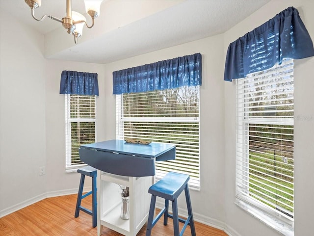 dining space featuring hardwood / wood-style floors, plenty of natural light, and a notable chandelier