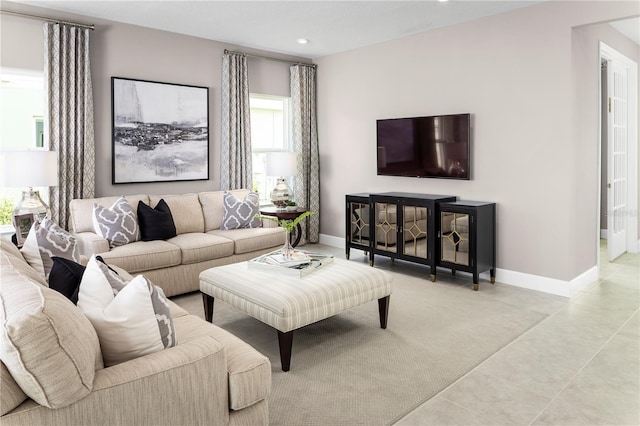 living room featuring light tile patterned floors