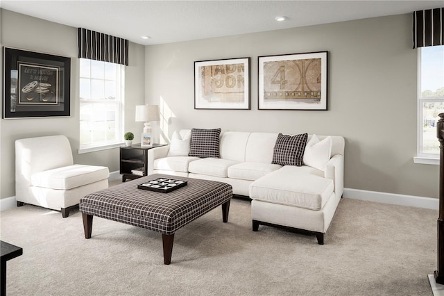 living room with light colored carpet