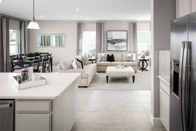 living room featuring light tile patterned floors