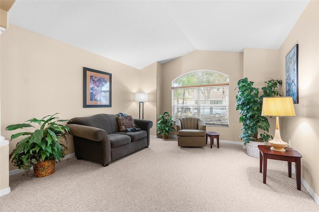 living room featuring lofted ceiling and carpet