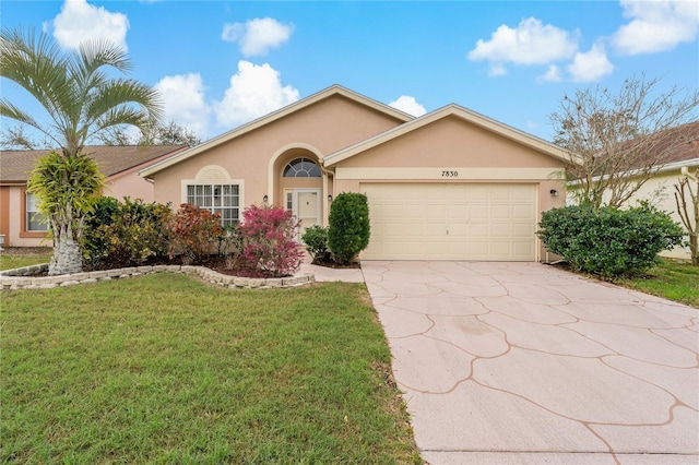 ranch-style home with an attached garage, a front lawn, concrete driveway, and stucco siding