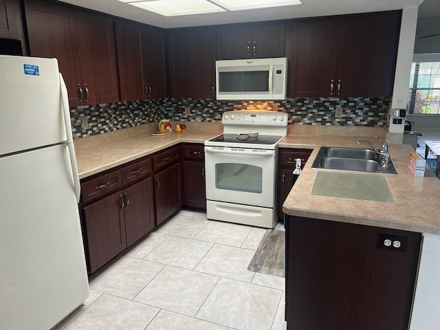 kitchen with sink, kitchen peninsula, white appliances, decorative backsplash, and light tile patterned floors