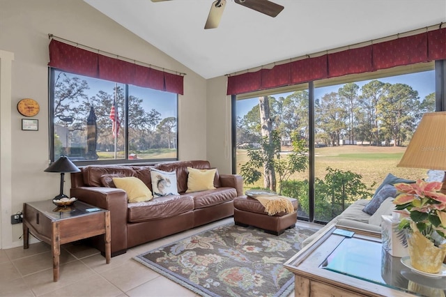 sunroom with vaulted ceiling and ceiling fan