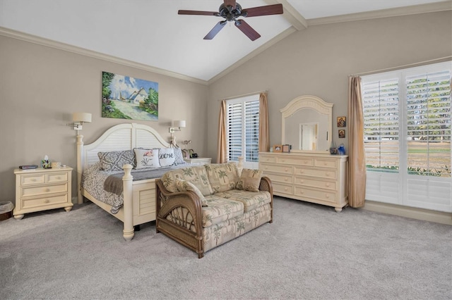 bedroom featuring carpet flooring, multiple windows, ceiling fan, and vaulted ceiling with beams