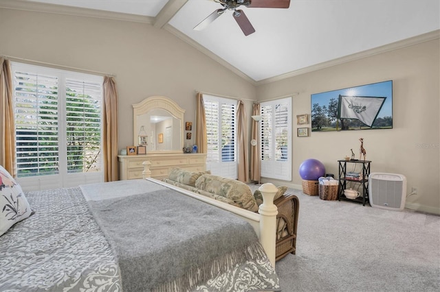 carpeted bedroom featuring ceiling fan, beam ceiling, ornamental molding, and high vaulted ceiling