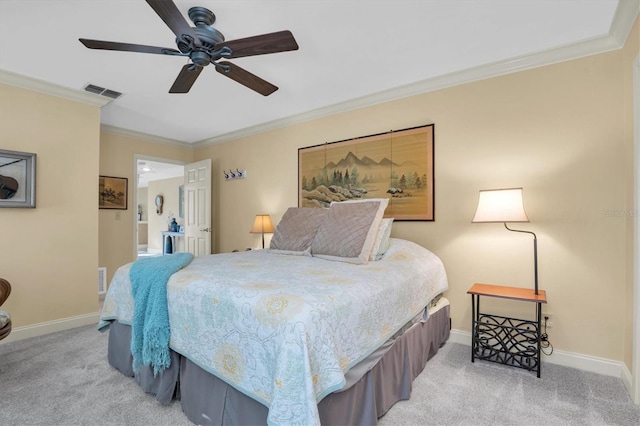 bedroom featuring ceiling fan, light colored carpet, and ornamental molding