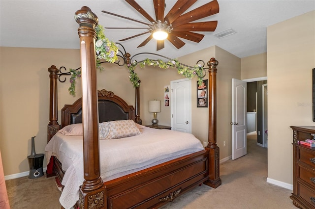 carpeted bedroom with ceiling fan