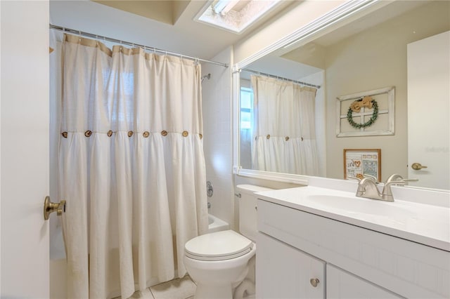 full bathroom with toilet, tile patterned floors, vanity, and shower / tub combo with curtain