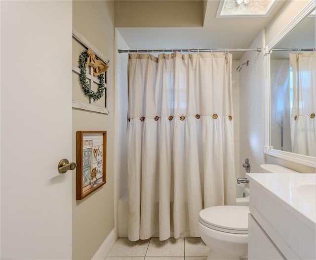 full bathroom with toilet, shower / bath combination with curtain, vanity, and tile patterned floors