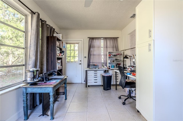 tiled home office featuring a wealth of natural light and a textured ceiling