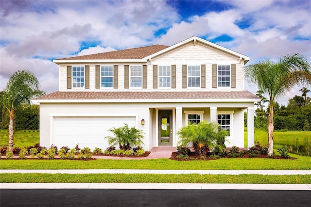 view of front facade featuring a front lawn and a garage