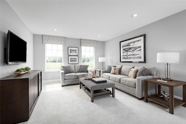 living room featuring light colored carpet