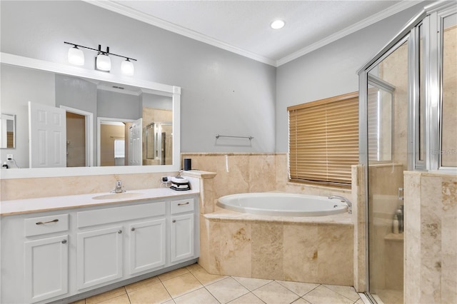 bathroom with independent shower and bath, vanity, tile patterned floors, and crown molding