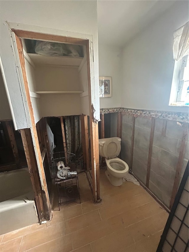 bathroom featuring a bathtub, tile walls, and toilet