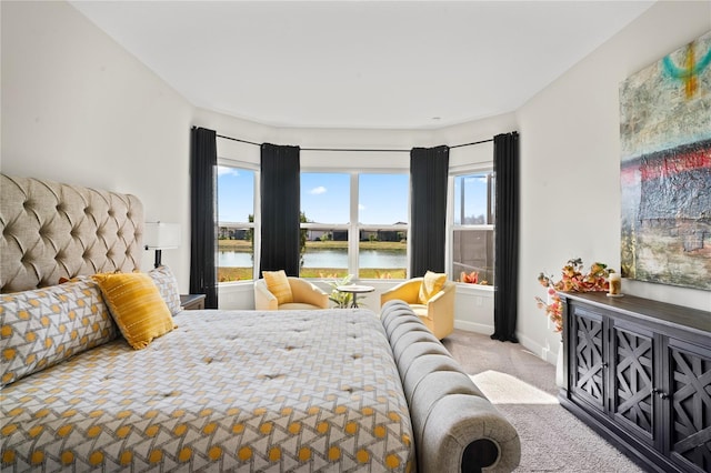 carpeted bedroom with a water view and multiple windows