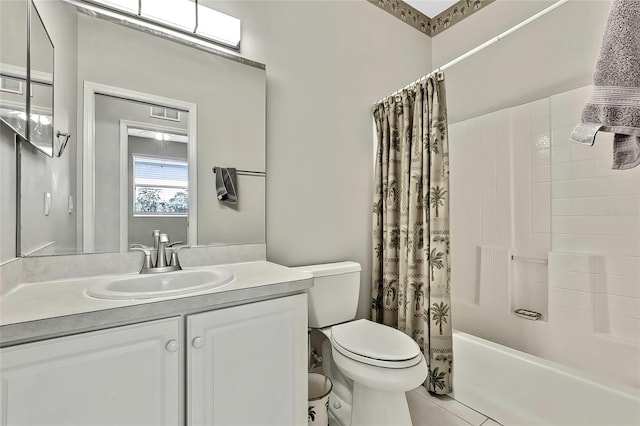 full bathroom with toilet, shower / tub combo, tile patterned floors, and vanity