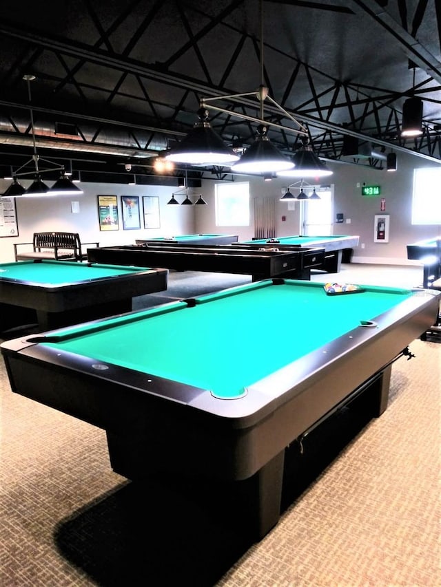 recreation room featuring carpet and billiards