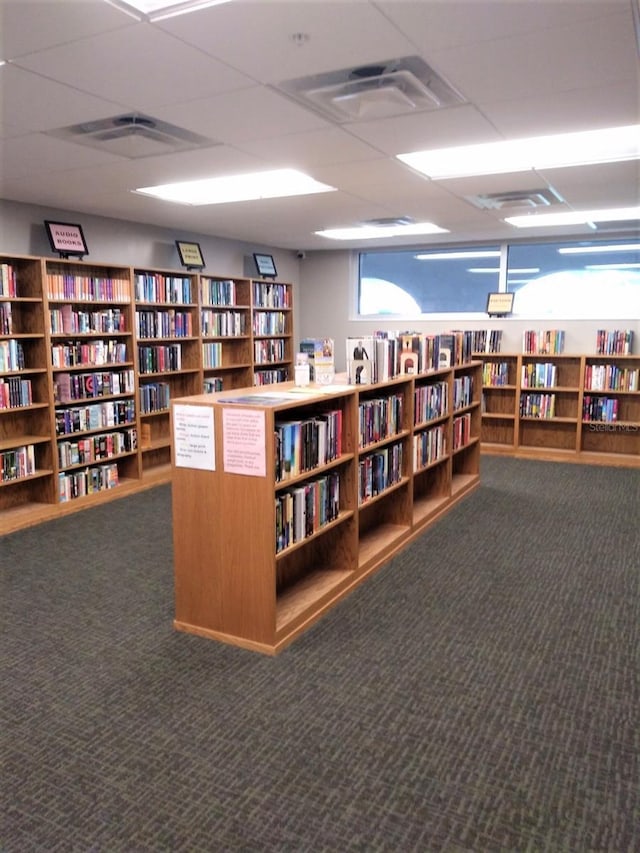 carpeted office space featuring a drop ceiling