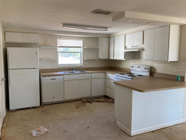 kitchen featuring white cabinets, kitchen peninsula, white appliances, and sink