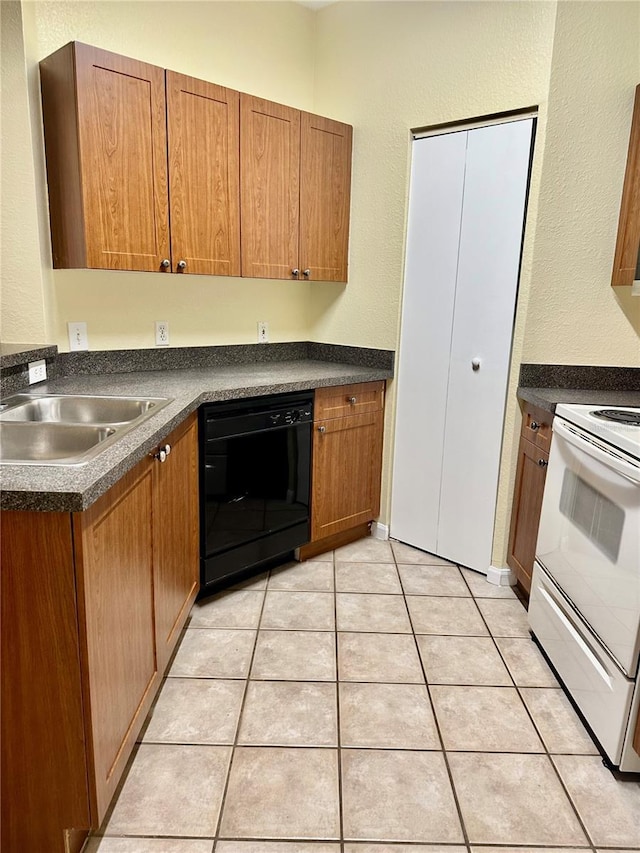 kitchen with light tile patterned floors, black dishwasher, electric stove, and sink