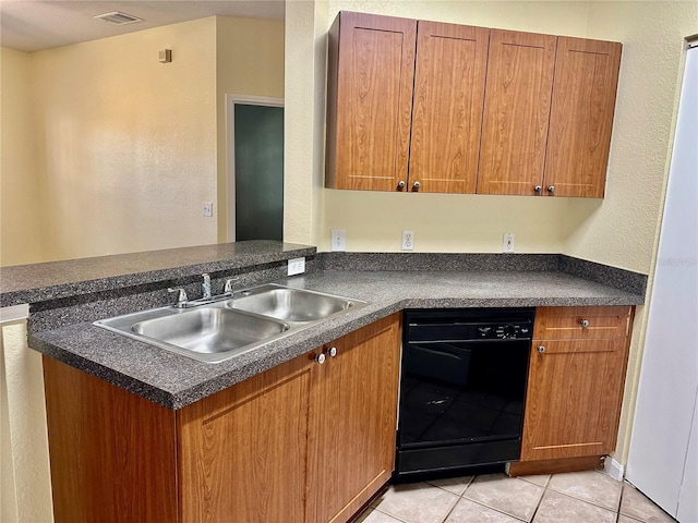 kitchen featuring kitchen peninsula, light tile patterned floors, black dishwasher, and sink