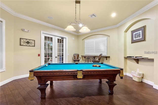 rec room featuring dark hardwood / wood-style flooring, ornamental molding, billiards, and french doors