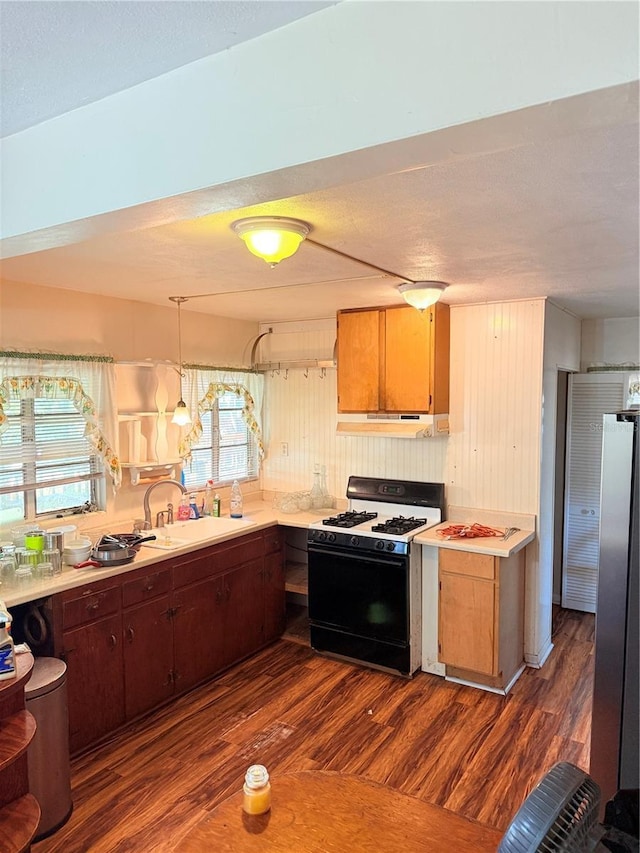 kitchen featuring stainless steel fridge, sink, dark hardwood / wood-style floors, and range with gas stovetop