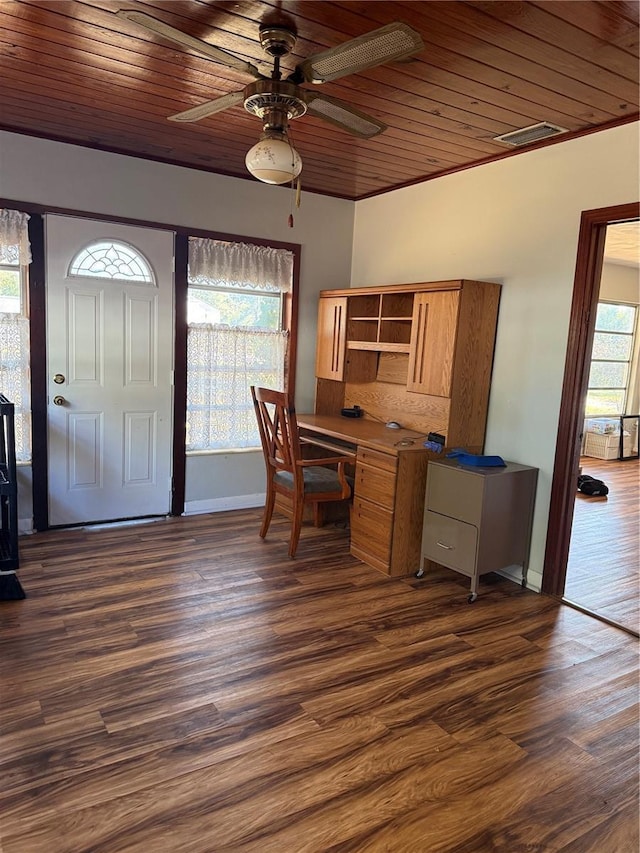 unfurnished office featuring ceiling fan, wooden ceiling, and dark wood-type flooring