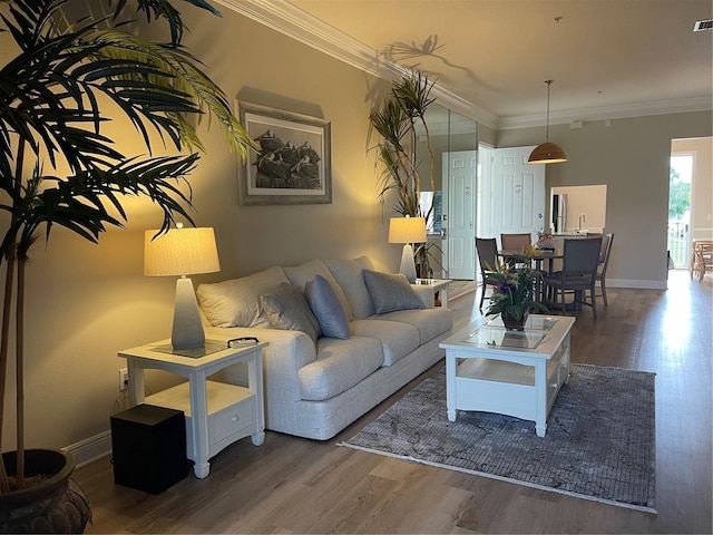 living room featuring hardwood / wood-style floors and crown molding