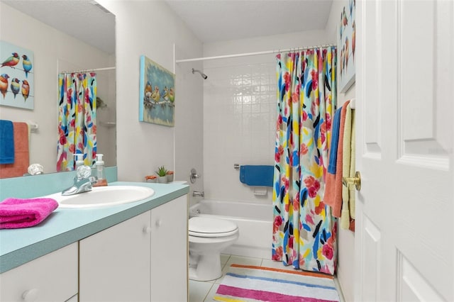 full bathroom featuring toilet, vanity, tile patterned floors, and shower / tub combo with curtain