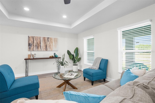 living room with light hardwood / wood-style floors and a tray ceiling