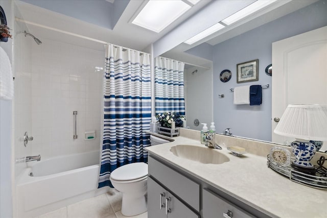 full bathroom with toilet, tile patterned flooring, shower / bath combo, and vanity