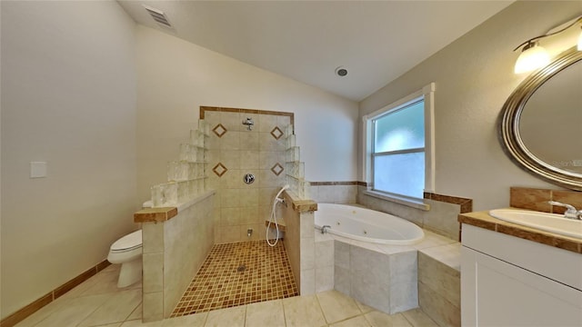 full bathroom featuring tile patterned flooring, vanity, toilet, and vaulted ceiling