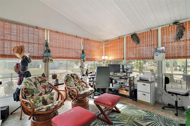 sunroom with wooden ceiling and vaulted ceiling